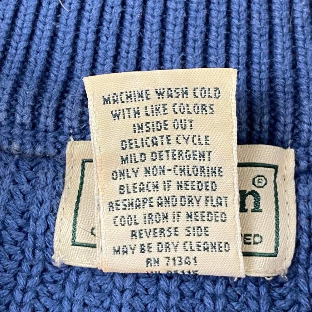 Vtg LL Bean Mens L Sweater Blue Cotton Shaker Stitch Mock Neck Quarter Button